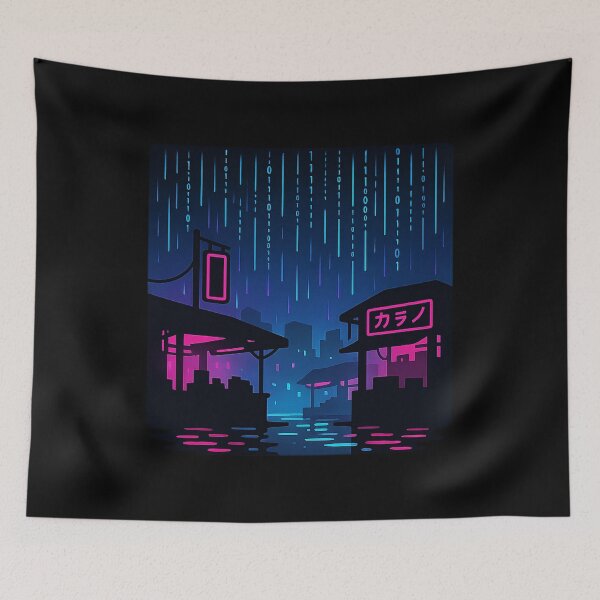 Item preview, Neon Code Rain Market – Cyberpunk Floating Bazaar Scene designed and sold by AddictiveDesign.