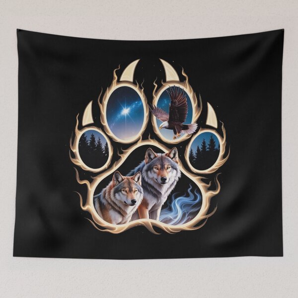 Item preview, Wolf Paw Print Forest Design with Wolves and Eagle Night Sky designed and sold by FreakamaGeek.