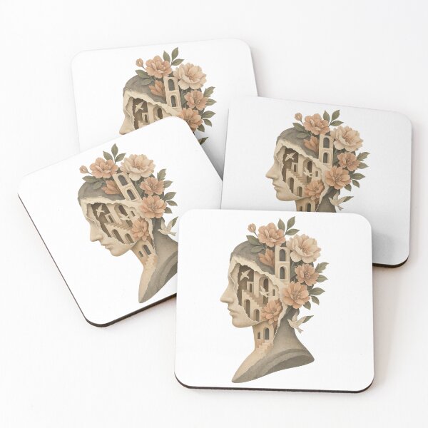 Item preview, Sepia profile head with labyrinth, doves, and blooming peonies designed and sold by Creative88Art.
