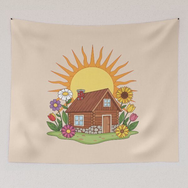 Item preview, Wooden Cabin with Garden and Sun – Cozy Cabin Illustration designed and sold by LMDIGITAL6.