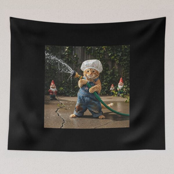 Item preview, Goofy Cat Plumber with Hose and Gnome Garden designed and sold by Pawrizzma POD.