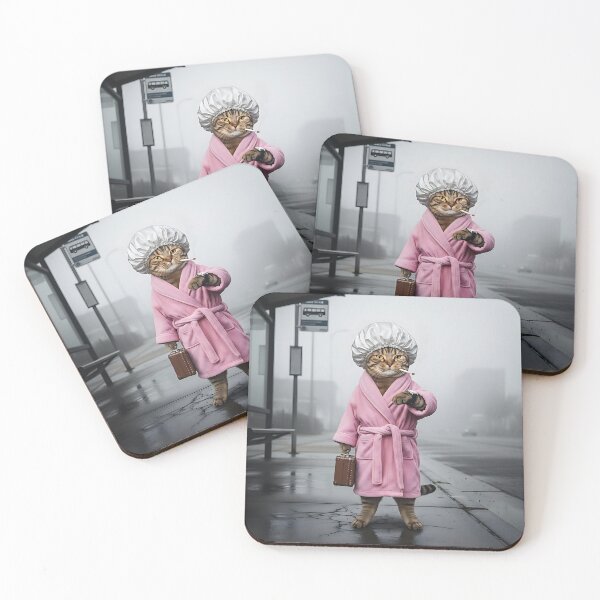 Item preview, Fabulous Cat in Robe & Shower Cap Waiting for Bus designed and sold by Pawrizzma POD.