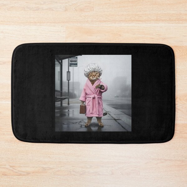 Item preview, Fabulous Cat in Robe & Shower Cap Waiting for Bus designed and sold by Pawrizzma POD.