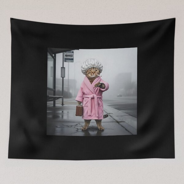 Item preview, Fabulous Cat in Robe & Shower Cap Waiting for Bus designed and sold by Pawrizzma POD.