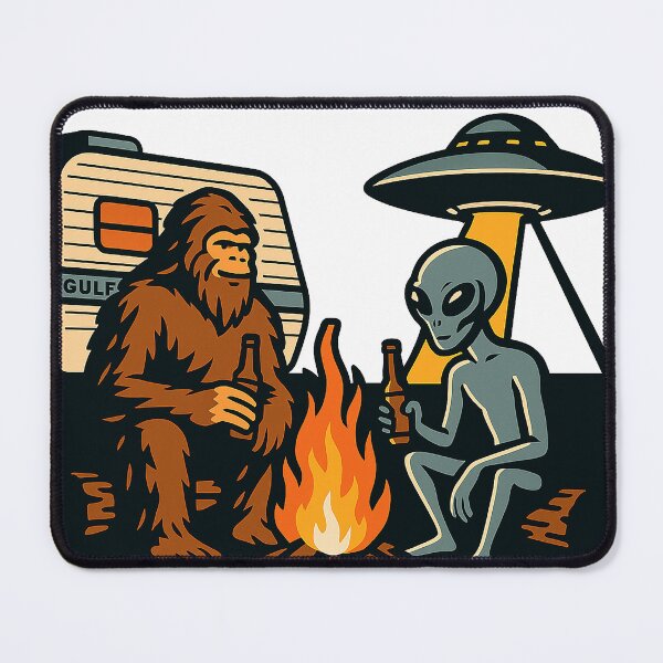 Artikelvorschau, Bigfoot & Alien Lagerfeuerbiere – Retro-UFO-Campingkunst entworfen und verkauft von Squatchme.
