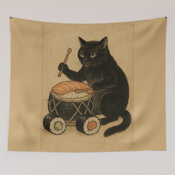 Item preview, Surreal Japanese Sushi Drummer Cat artwork designed and sold by Sarcastic designs.