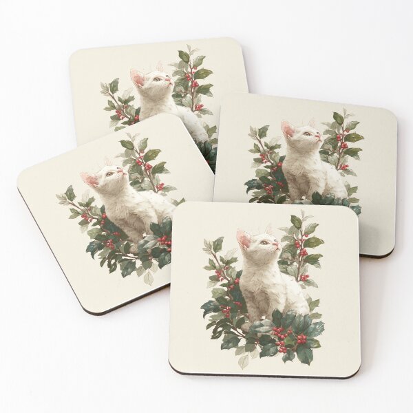 Item preview, White kitten in holly plant designed and sold by MendaciousMina.