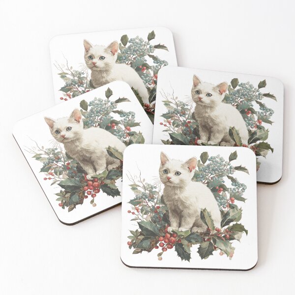Item preview, White kitten in holly plant designed and sold by MendaciousMina.
