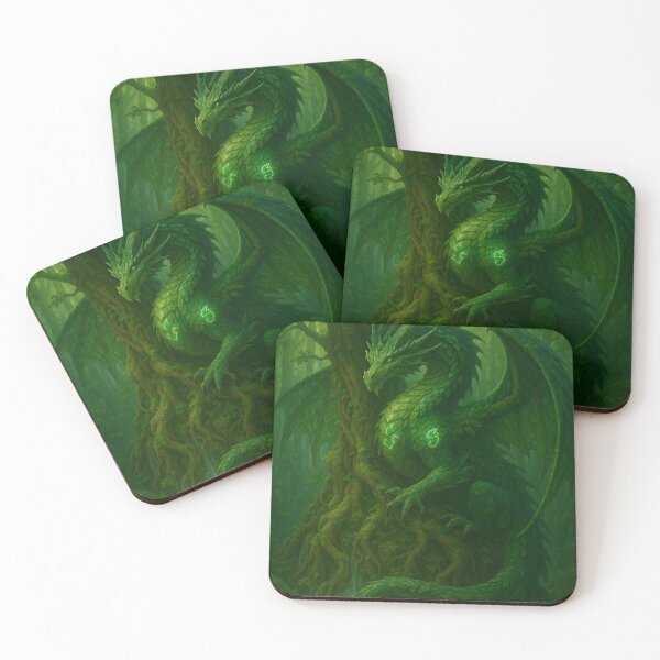 Item preview, Emerald Forest Guardian Dragon Coiled Around Ancient Tree – Nature Fantasy Art designed and sold by leen12 Art Designs Prints.