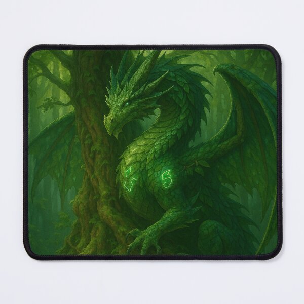 Item preview, Emerald Forest Guardian Dragon Coiled Around Ancient Tree – Nature Fantasy Art designed and sold by leen12 Art Designs Prints.