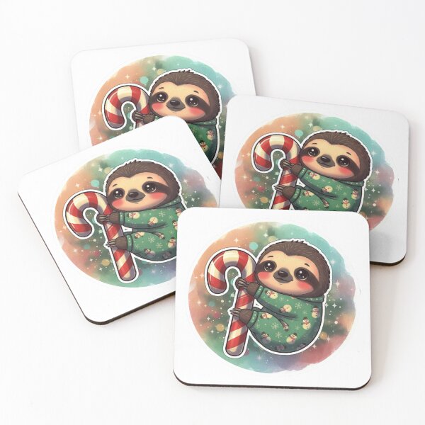 Item preview, Kawaii Sloth in Christmas Pajamas – Hanging on Candy Cane Cozy Holiday Art designed and sold by happy mongolia.