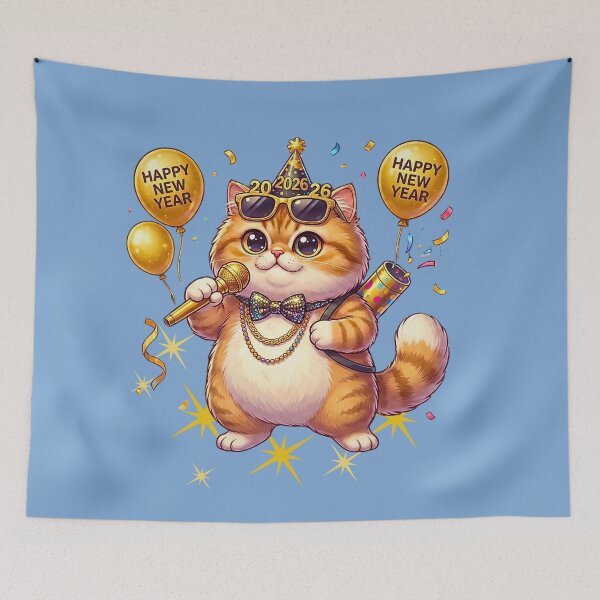 Item preview, Funny Chubby Cat Singing Karaoke Happy New Year 2026 | Party Star with Gold Mic designed and sold by E-SarnEdge.