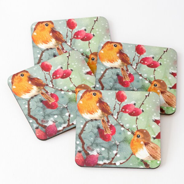 Item preview, Cozy Watercolor Robins in Snow and Red Berries designed and sold by WatercolourLily.