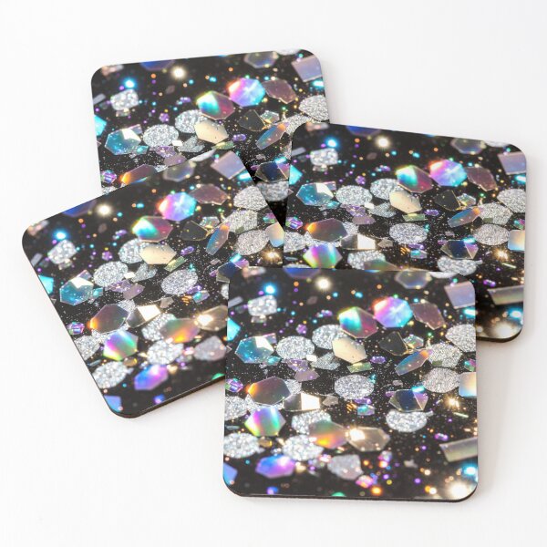 Item preview, Holographic glitter gems scattered on black sparkling surface designed and sold by SassyArtistry.