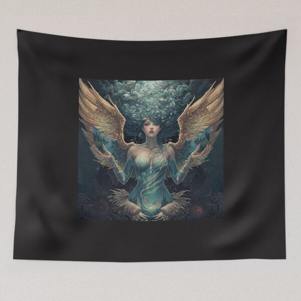 Item preview, Ethereal Aquatic Angel Goddess with Golden Wings and Surreal Fish Eyes Fantasy Art designed and sold by TitanRN.