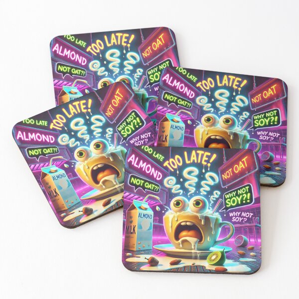 Item preview, Almond Milk Panic – Neon Café Chaos Art designed and sold by ComedyInkFactor.