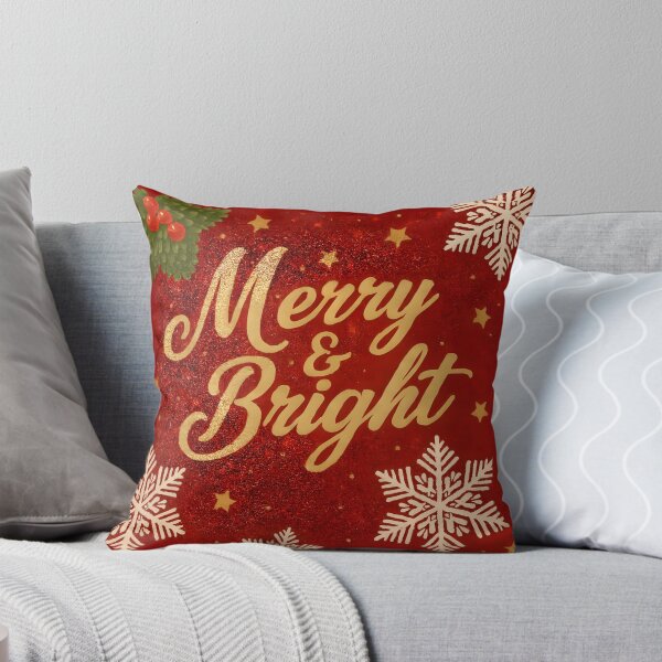 Item preview,  Merry & Bright Christmas Throw Blanket & Pillow Cover – Elegant Gold Script on Festive Red Background, Holiday Home Decor designed and sold by ZyxDes.