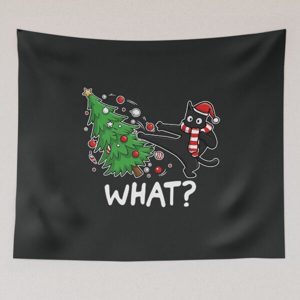 Item preview, Funny Black Cat Pushing Christmas Tree Over Santa Karate Cat What? designed and sold by alenaz.