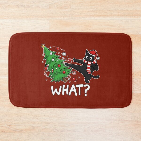 Item preview, Funny Black Cat Pushing Christmas Tree Over Santa Karate Cat What? designed and sold by alenaz.
