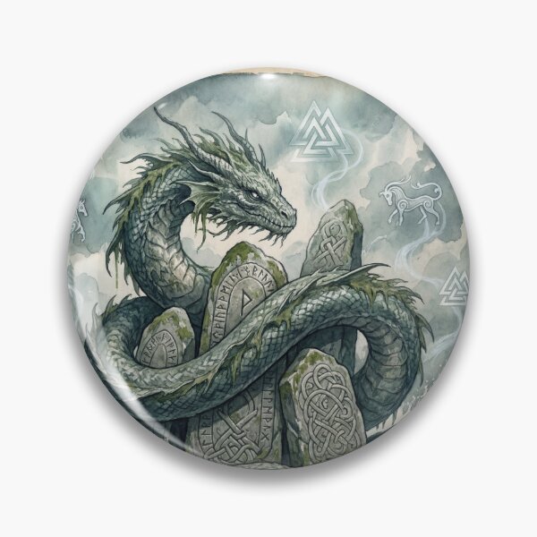 Item preview, Jormungandr wrapped around a Runestone in the great Storme creature of folklore watercolor artwork illustration designed and sold by Vintage Designs +.