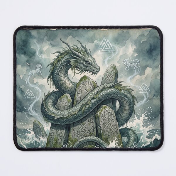 Item preview, Jormungandr wrapped around a Runestone in the great Storme creature of folklore watercolor artwork illustration designed and sold by Vintage Designs +.