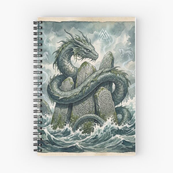 Item preview, Jormungandr wrapped around a Runestone in the great Storme creature of folklore watercolor artwork illustration designed and sold by Vintage Designs +.