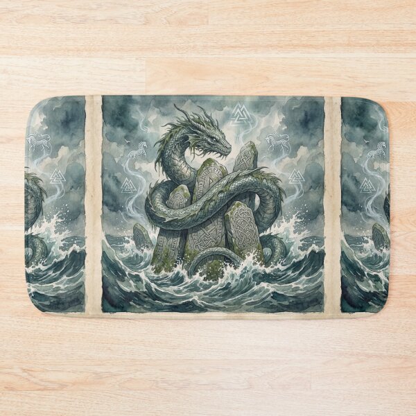 Item preview, Jormungandr wrapped around a Runestone in the great Storme creature of folklore watercolor artwork illustration designed and sold by Vintage Designs +.