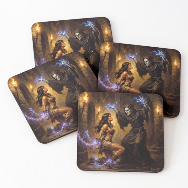 Item preview, Barbarian Woman captured by an evil skeletal necromancer illustration fantasy art style designed and sold by Vintage Designs +.