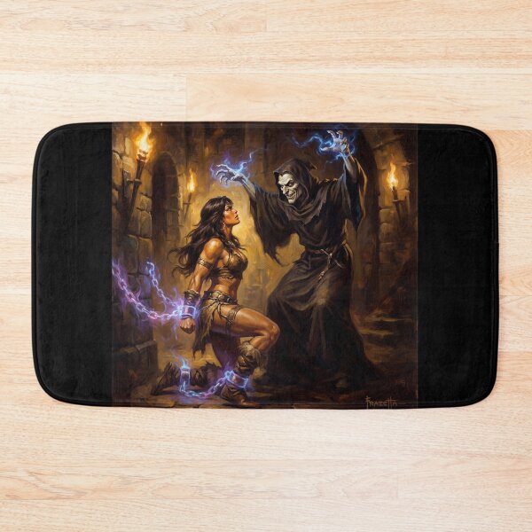 Item preview, Barbarian Woman captured by an evil skeletal necromancer illustration fantasy art style designed and sold by Vintage Designs +.