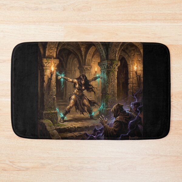 Item preview, Barbarian Woman captured by an evil skeletal necromancer illustration fantasy art style designed and sold by Vintage Designs +.