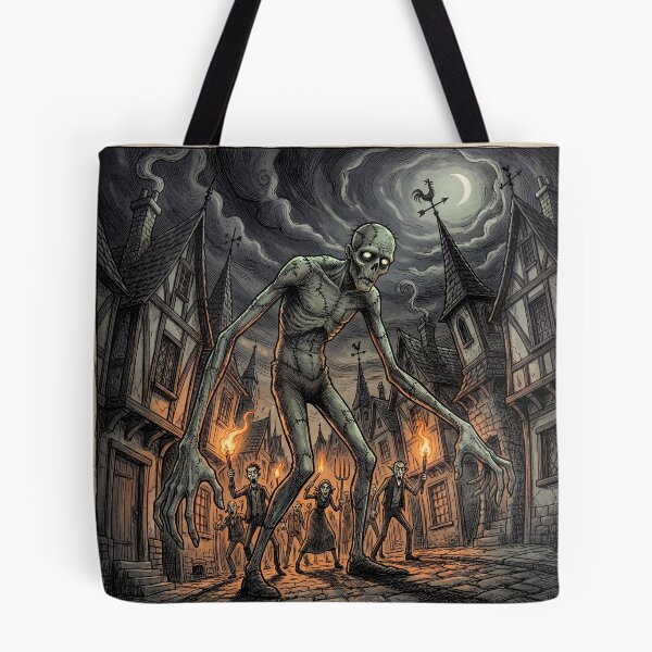 Item preview, Frankenstein's monster chased by angry villagers illustration art designed and sold by Vintage Designs +.
