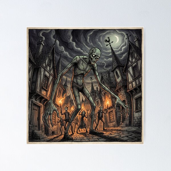 Item preview, Frankenstein's monster chased by angry villagers illustration art designed and sold by Vintage Designs +.