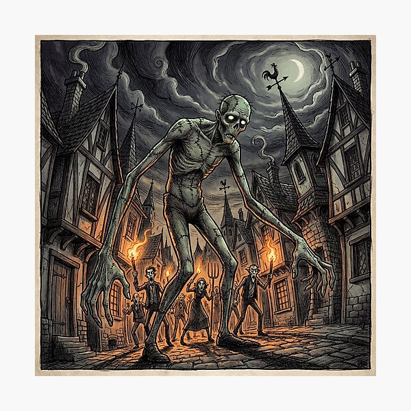 Item preview, Frankenstein's monster chased by angry villagers illustration art designed and sold by Vintage Designs +.