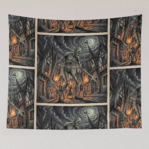 Item preview, Frankenstein's monster chased by angry villagers illustration art designed and sold by Vintage Designs +.