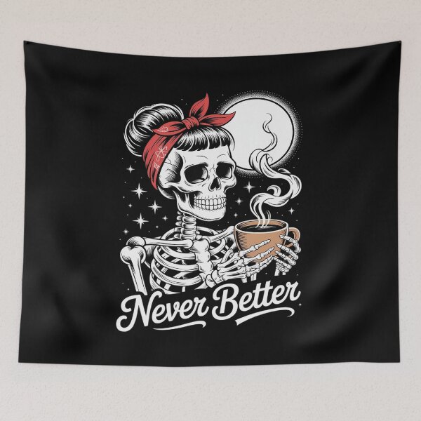 Item preview, Never Better Skeleton Woman Drinking Coffee Moon 2  designed and sold by lilLilaBatArt.