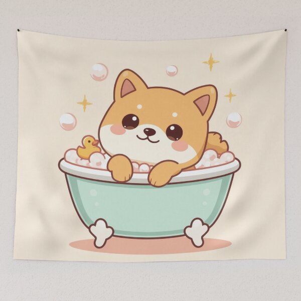 Item preview, Kawaii Shiba Inu in Bubble Bath – Cute Pastel Dog Illustration designed and sold by Visualynx.