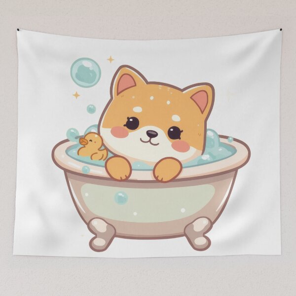 Item preview, Kawaii Shiba Inu in Bubble Bath – Cute Pastel Dog Illustration designed and sold by Visualynx.