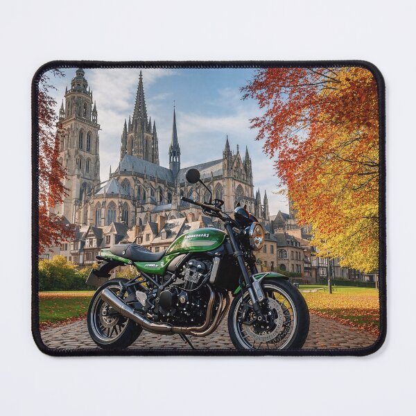 Item preview, Green Retro Motorcycle in Autumn Park designed and sold by MINE Design-Works.
