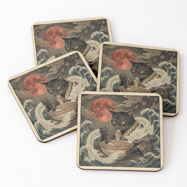Item preview, Fierce Black Cat Slurping Noodles – White Dragon Spirit, Crimson Moon & Japanese Print Style designed and sold by KaryaVisionSTR.