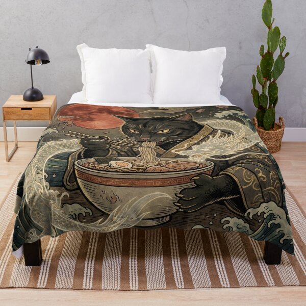 Item preview, Fierce Black Cat Slurping Noodles – White Dragon Spirit, Crimson Moon & Japanese Print Style designed and sold by KaryaVisionSTR.