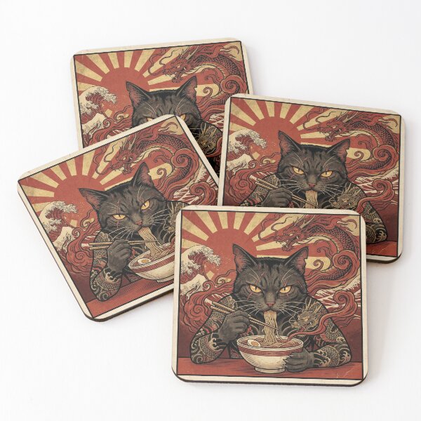 Item preview, Yakuza-Style Cat Eating Ramen – Dragon Tattoos, Rising Sun & Ukiyo-e Colors designed and sold by KaryaVisionSTR.