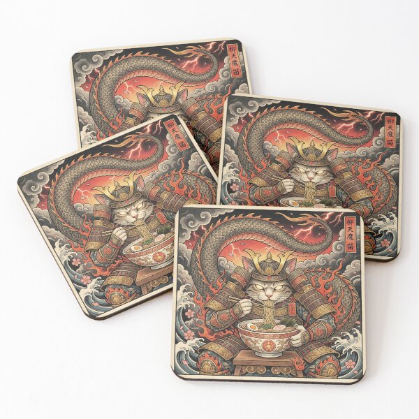 Item preview, Guardian Cat Deity Eating Ramen – Dragon Tail, Red Sky & Mythic Ukiyo-e Style designed and sold by KaryaVisionSTR.