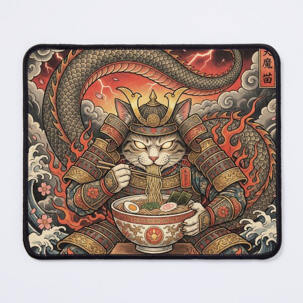 Item preview, Guardian Cat Deity Eating Ramen – Dragon Tail, Red Sky & Mythic Ukiyo-e Style designed and sold by KaryaVisionSTR.