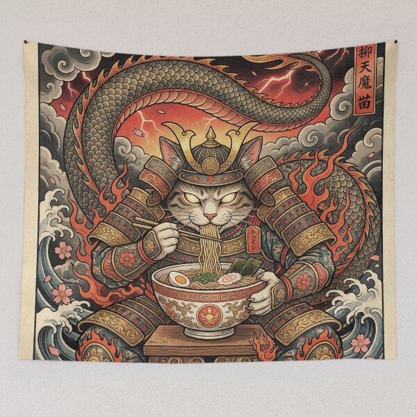 Item preview, Guardian Cat Deity Eating Ramen – Dragon Tail, Red Sky & Mythic Ukiyo-e Style designed and sold by KaryaVisionSTR.