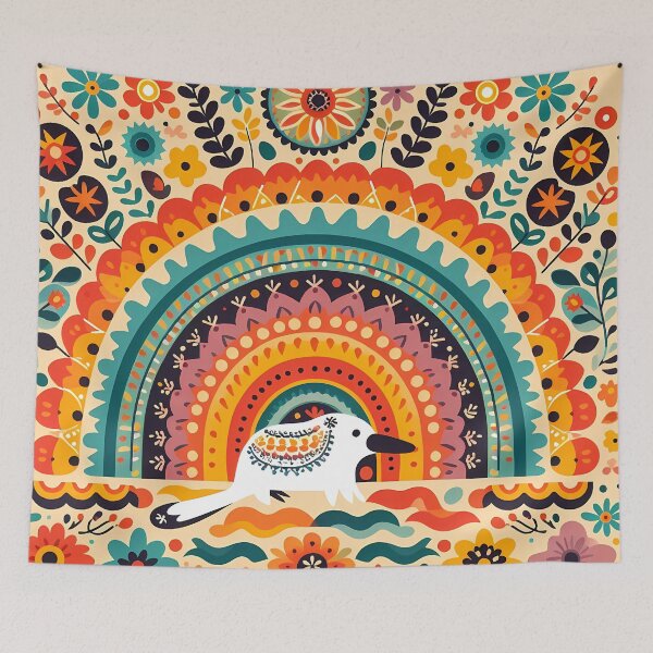 Item preview, Swimming Platypus Under Rainbow – Scandinavian Folk Art by heidiannemorris © designed and sold by FOLK ART FUSION by heidiannemorris.
