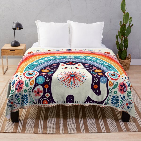 Item preview, Rainbow Cat with Floral Patterns – Scandinavian Folk Art by heidiannemorris © designed and sold by FOLK ART FUSION by heidiannemorris.