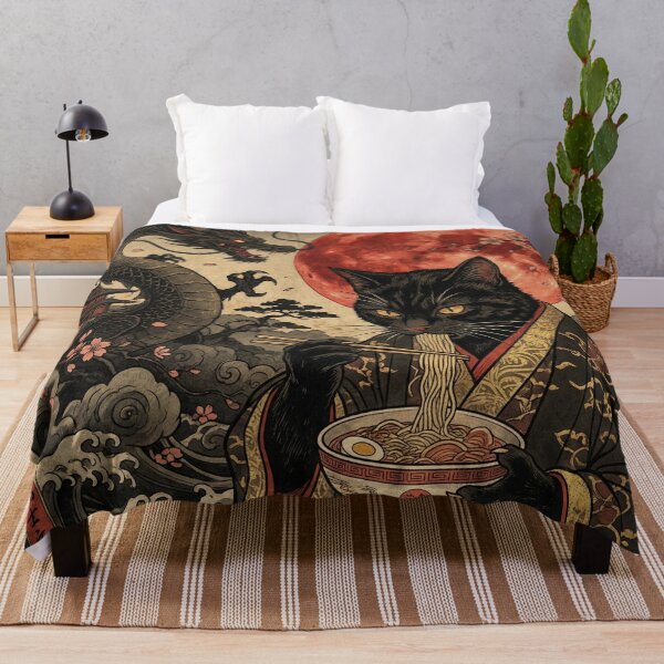 Item preview, Black Cat Slurping Noodles – Blood-Red Moon, Dragon Silhouette & Japanese Woodblock Style designed and sold by KaryaVisionSTR.