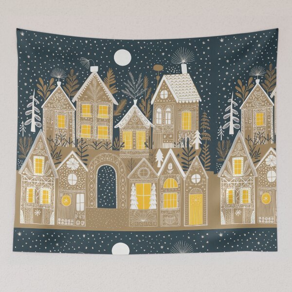 Item preview, Vintage Folk Zentangle Christmas Village Art Print - Dark Beige Night Sky Holiday Poster designed and sold by ZyxDes.