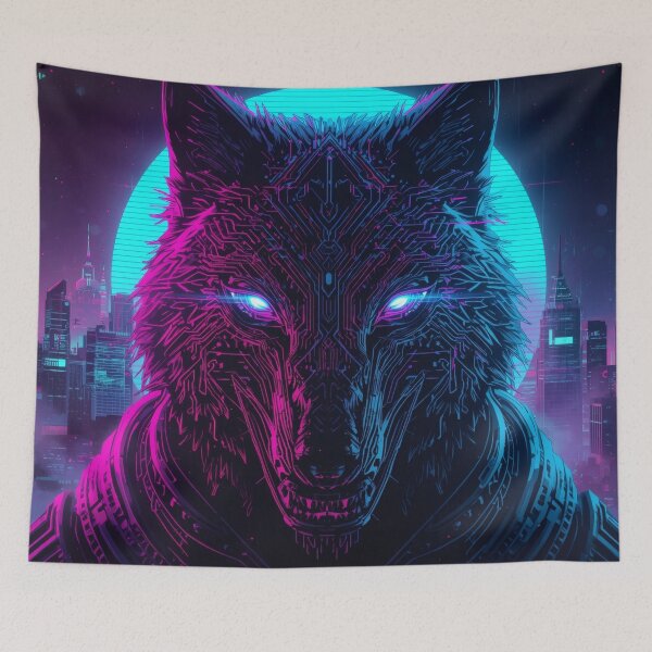 Item preview, Neon Cyberpunk Wolf Head – Glowing Circuit Wolf Art, Synthwave Vaporwave Design designed and sold by Visualynx.