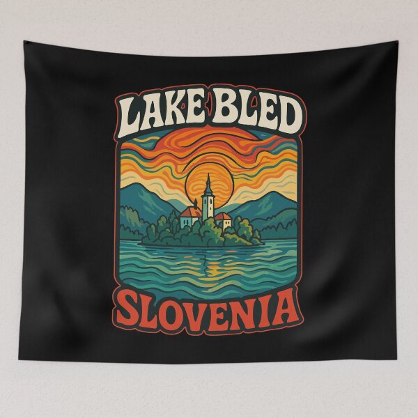 Item preview, Lake Bled Slovenia Retro Trippy Art Travel designed and sold by TomFrontierArt.